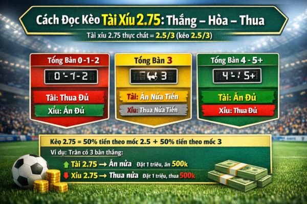 Cách đọc kèo tài xỉu 2.75 theo 3 kịch bản thắng – hòa – thua