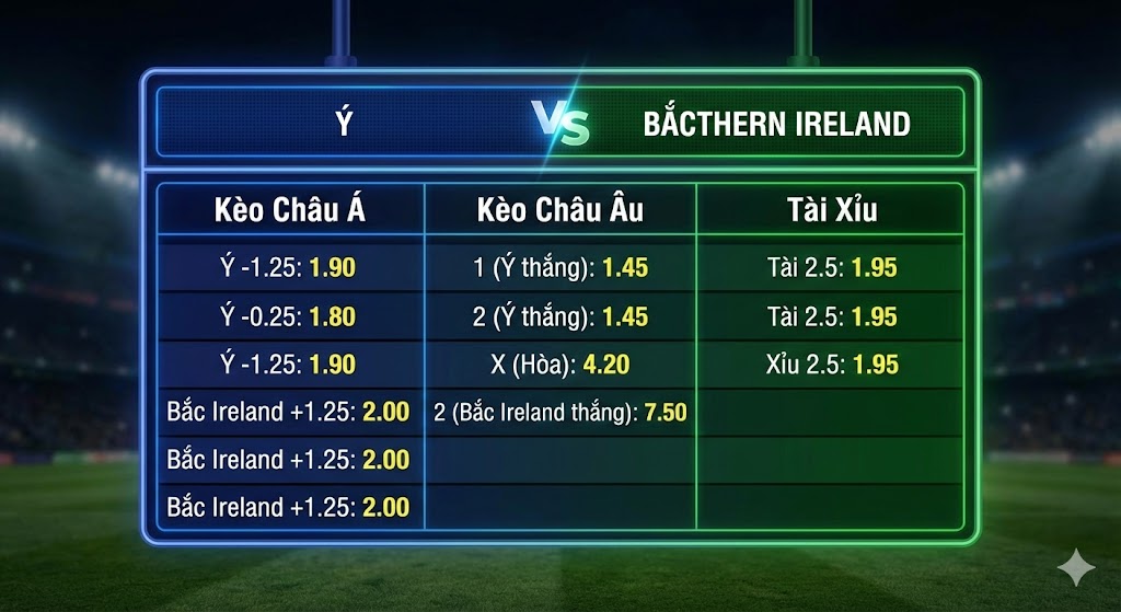 Soi kèo Italia vs Bắc Ireland: Kèo bóng đá Play-off World Cup 2026 3 Tỷ lệ kèo nhà cái Italia vs Bắc Ireland